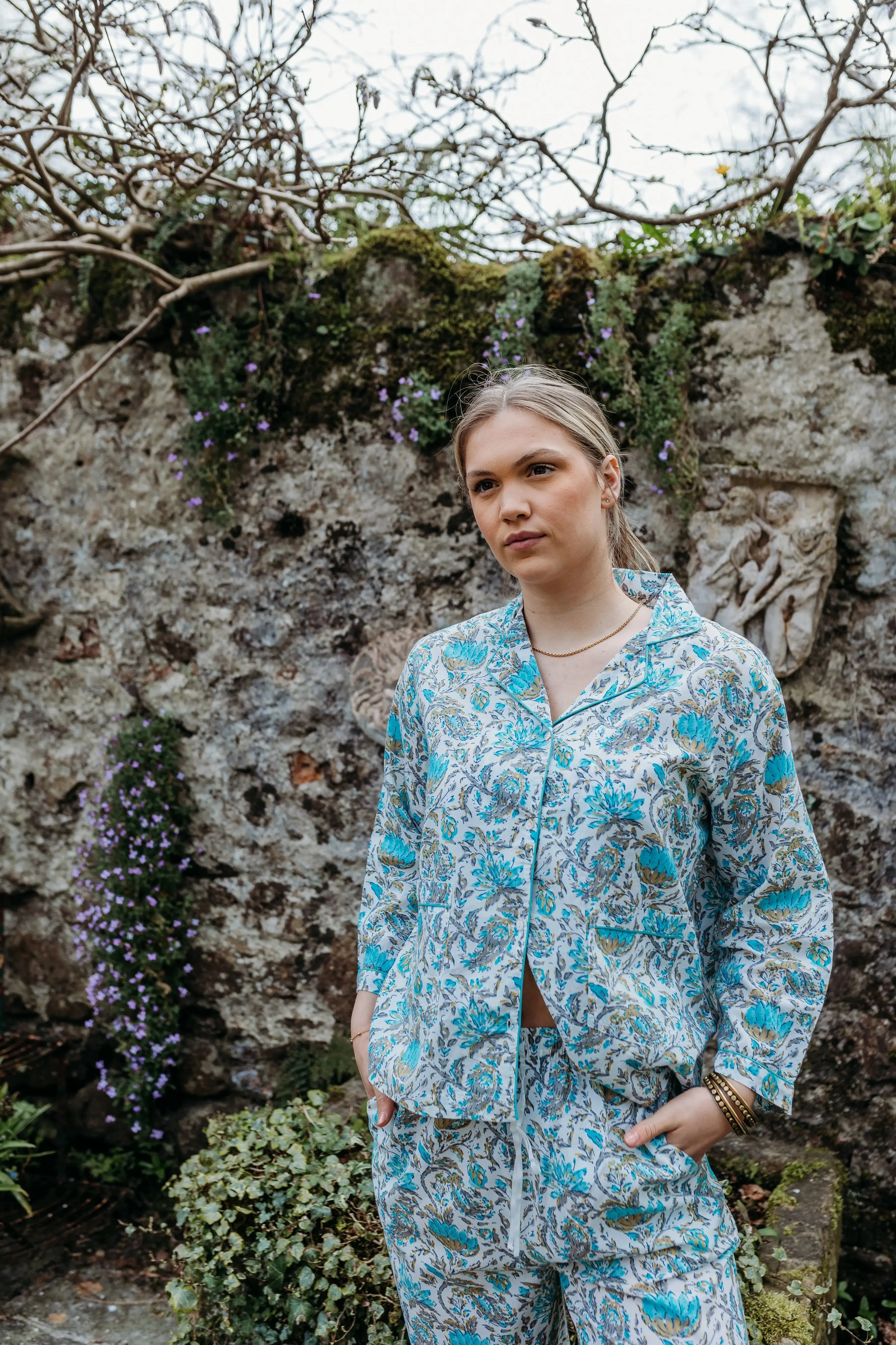 Ahaana Turquoise Block Printed Cotton Pyjamas