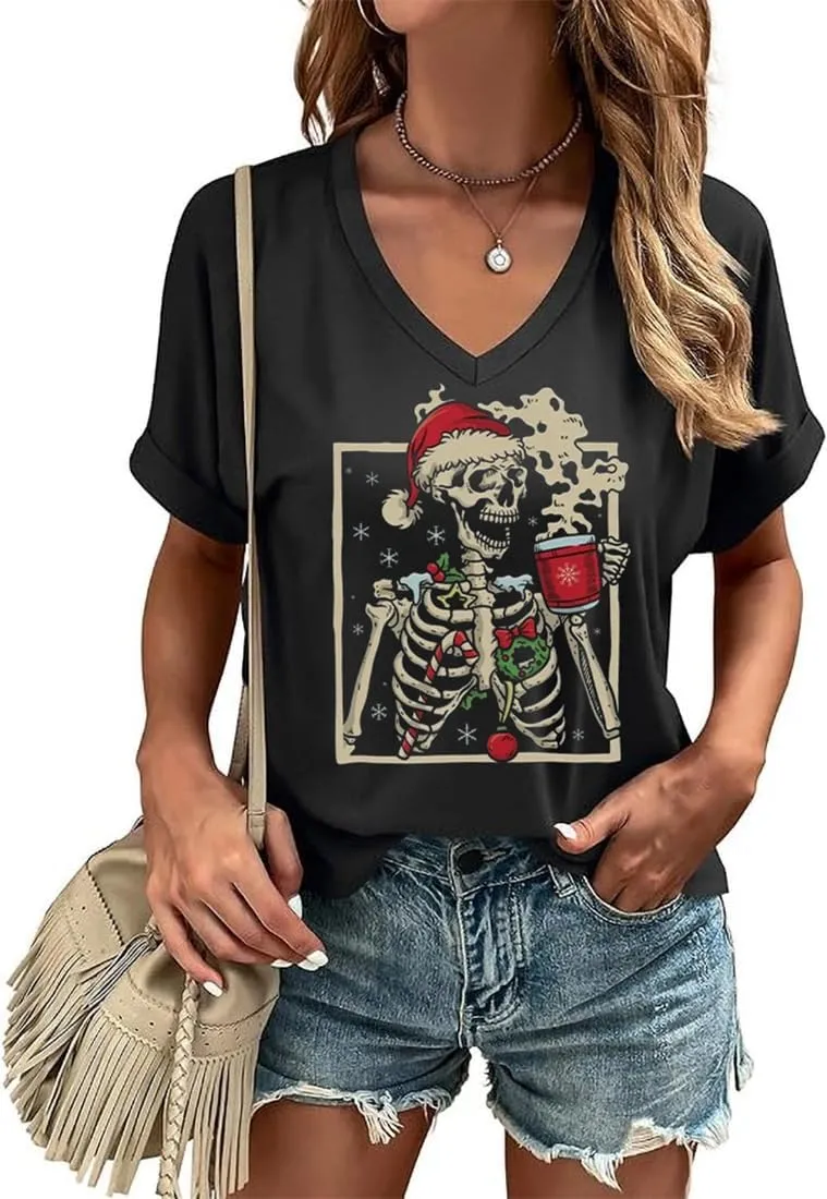 Christmas Graphic V Neck Shirt for Women Casual Holiday Short Sleeve Tee Xmas Funny Printed Winter Tshirt Tops