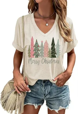 Christmas Graphic V Neck Shirt for Women Casual Holiday Short Sleeve Tee Xmas Funny Printed Winter Tshirt Tops