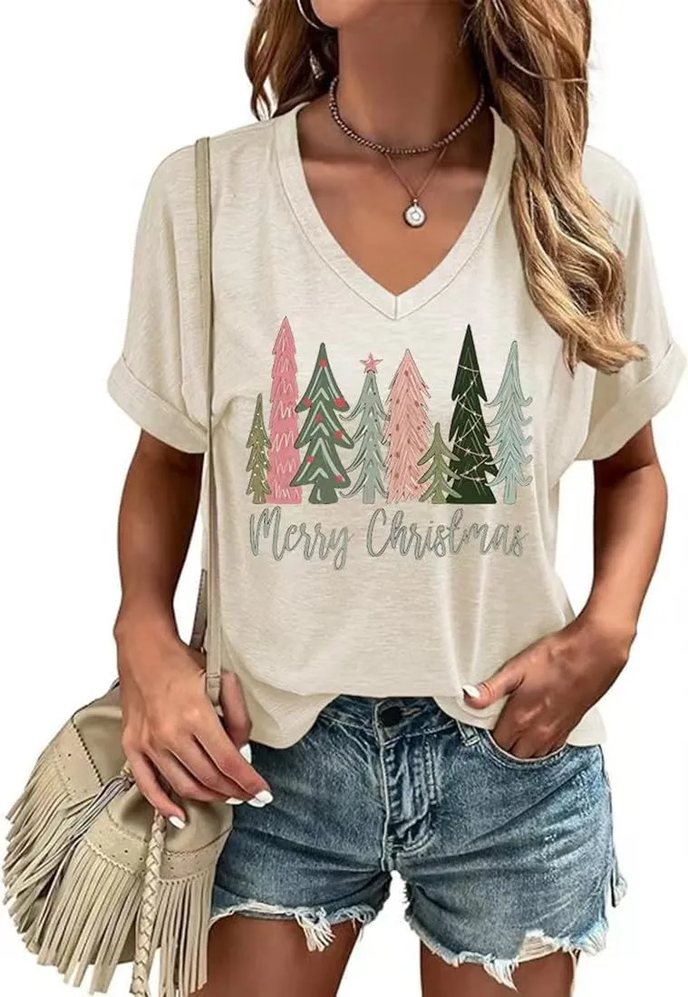 Christmas Graphic V Neck Shirt for Women Casual Holiday Short Sleeve Tee Xmas Funny Printed Winter Tshirt Tops