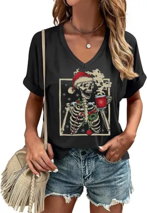 Christmas Graphic V Neck Shirt for Women Casual Holiday Short Sleeve Tee Xmas Funny Printed Winter Tshirt Tops