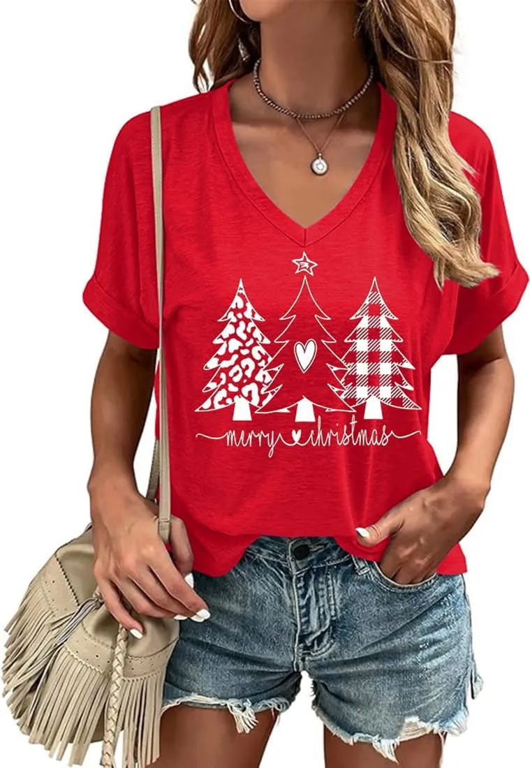 Christmas Graphic V Neck Shirt for Women Casual Holiday Short Sleeve Tee Xmas Funny Printed Winter Tshirt Tops