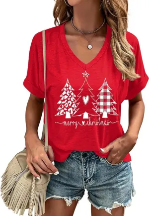 Christmas Graphic V Neck Shirt for Women Casual Holiday Short Sleeve Tee Xmas Funny Printed Winter Tshirt Tops