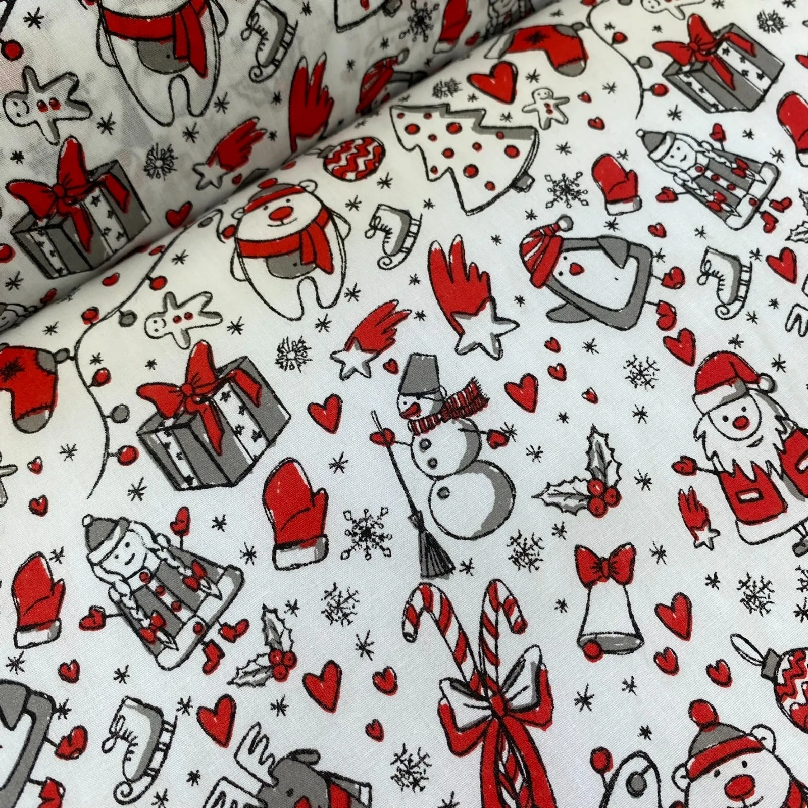 Christmas Polycotton Prints - Doodle Christmas - £3.00 Per Metre - Sold by Half Metre