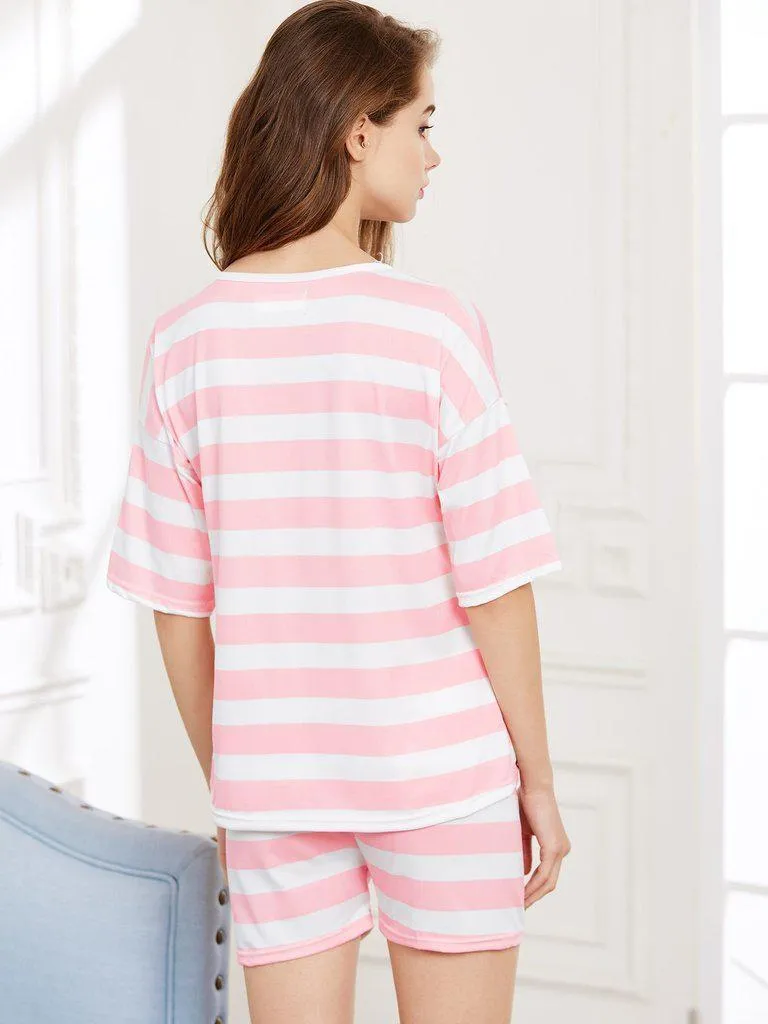 Contrast Striped Tee And Shorts Pajama Set