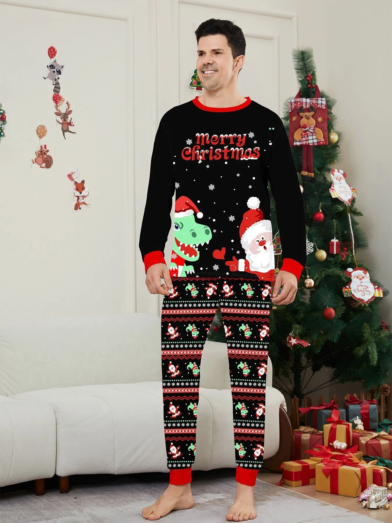 Cozy Christmas Parent-Child Pajamas Dinosaur Santa Claus Cartoon Print