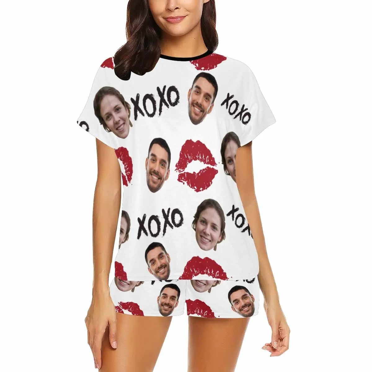 Custom Pajamas Cute Red Lips Sleepwear Personalized Couple Face Women's Short Pajama Set