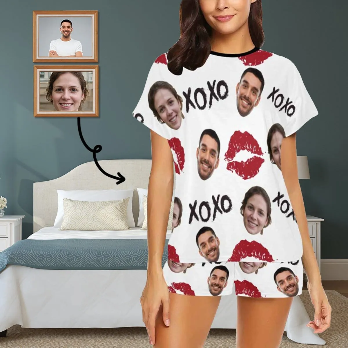 Custom Pajamas Cute Red Lips Sleepwear Personalized Couple Face Women's Short Pajama Set