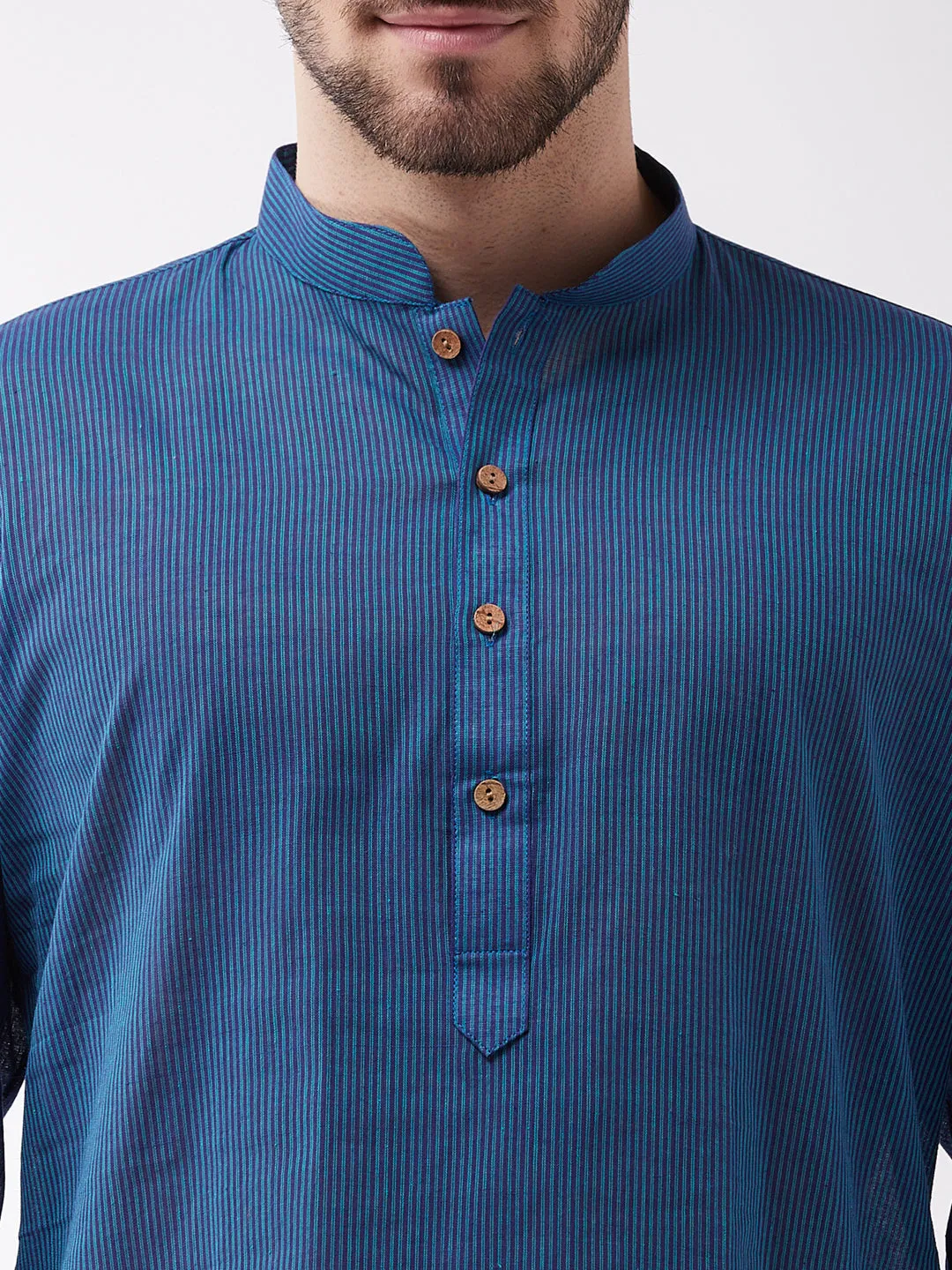 Jashvi Men's Blue Cotton Handloom Kurta With White Pyjama Set