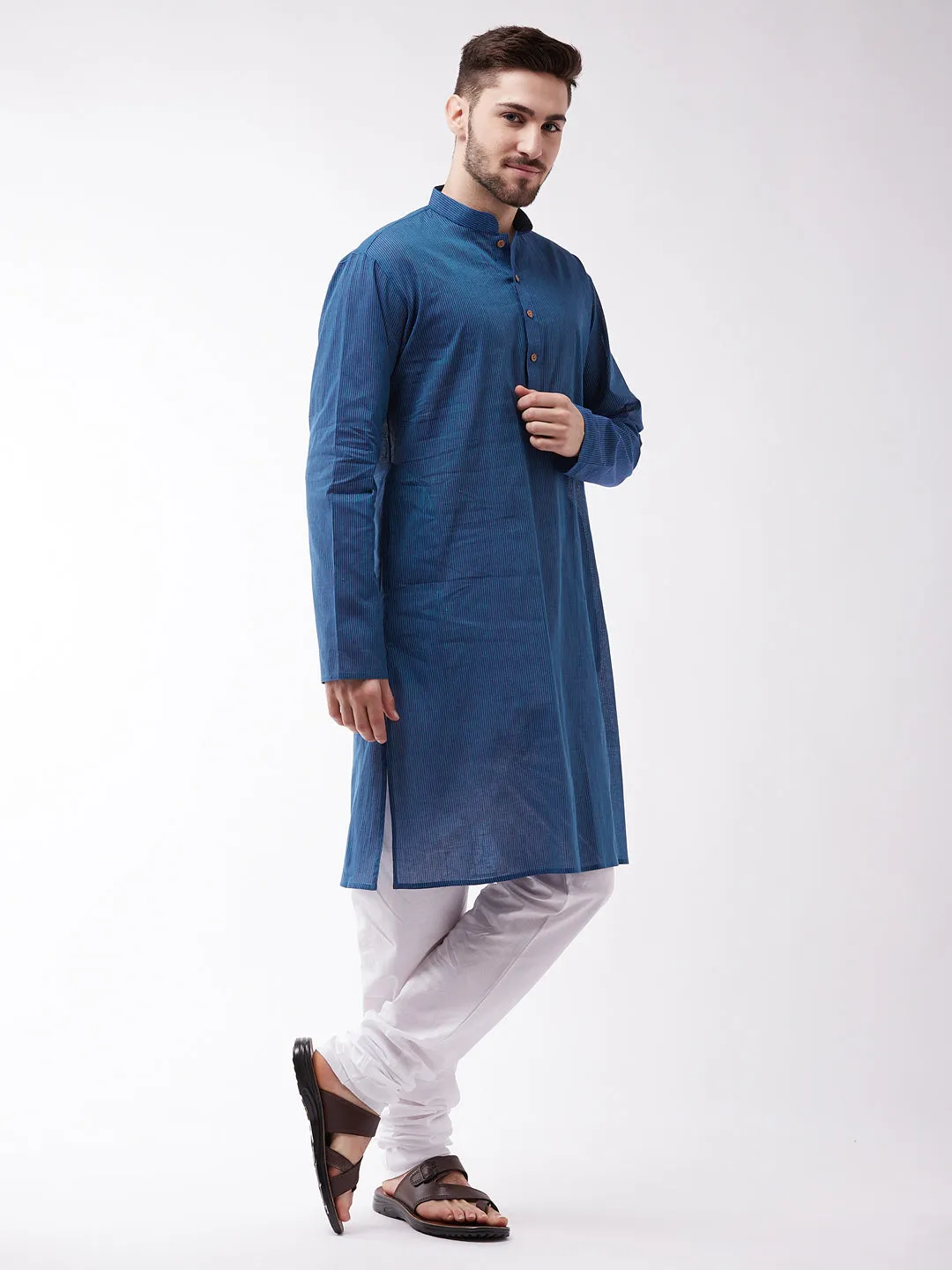 Jashvi Men's Blue Cotton Handloom Kurta With White Pyjama Set