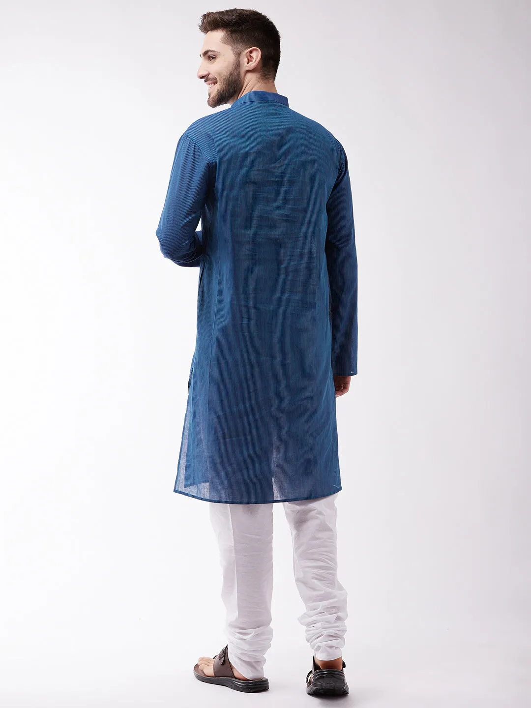 Jashvi Men's Blue Cotton Handloom Kurta With White Pyjama Set