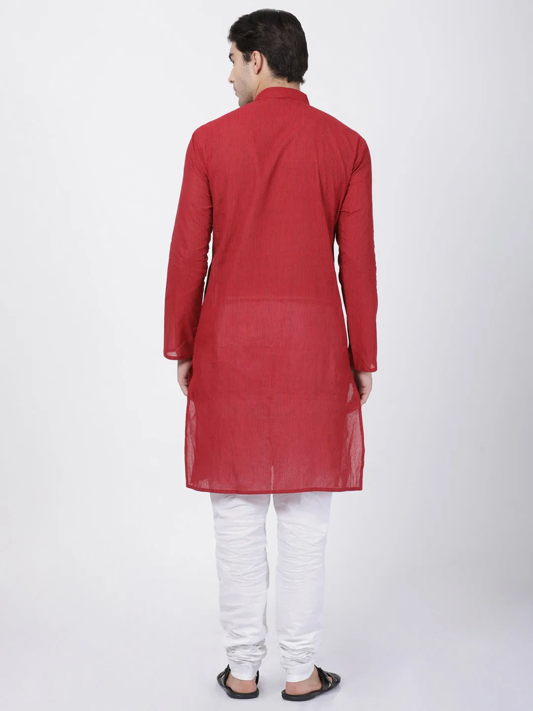 Jashvi Men's Red Cotton Handloom Kurta With Pyjamas Set