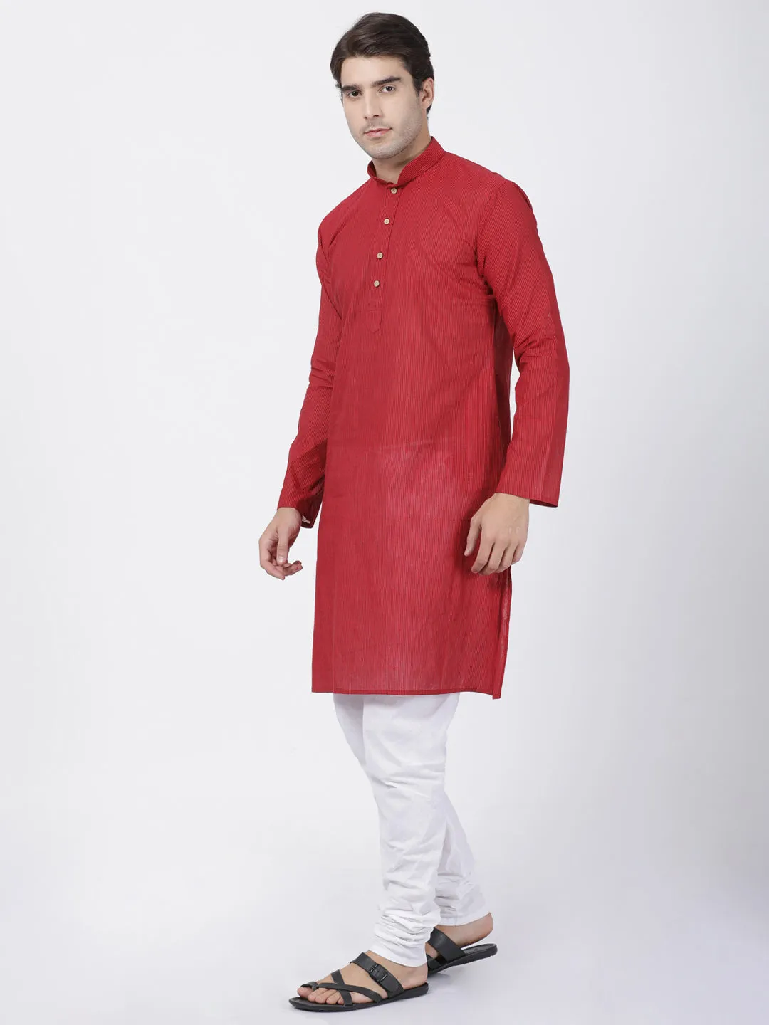 Jashvi Men's Red Cotton Handloom Kurta With Pyjamas Set