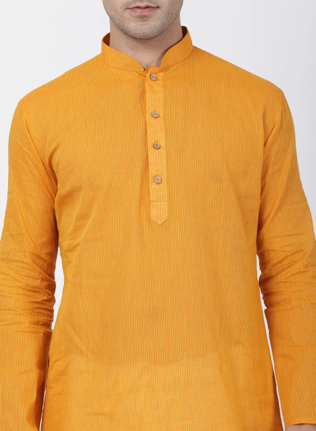 Jashvi Men's Yellow Cotton Handloom Kurta With Pyjama Set