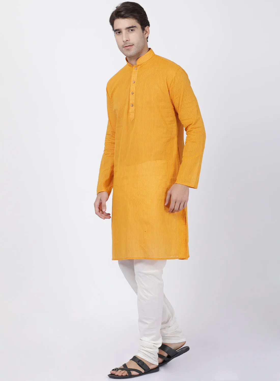 Jashvi Men's Yellow Cotton Handloom Kurta With Pyjama Set