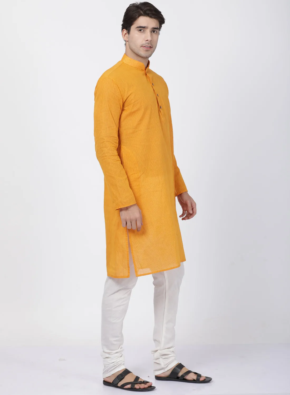 Jashvi Men's Yellow Cotton Handloom Kurta With Pyjama Set