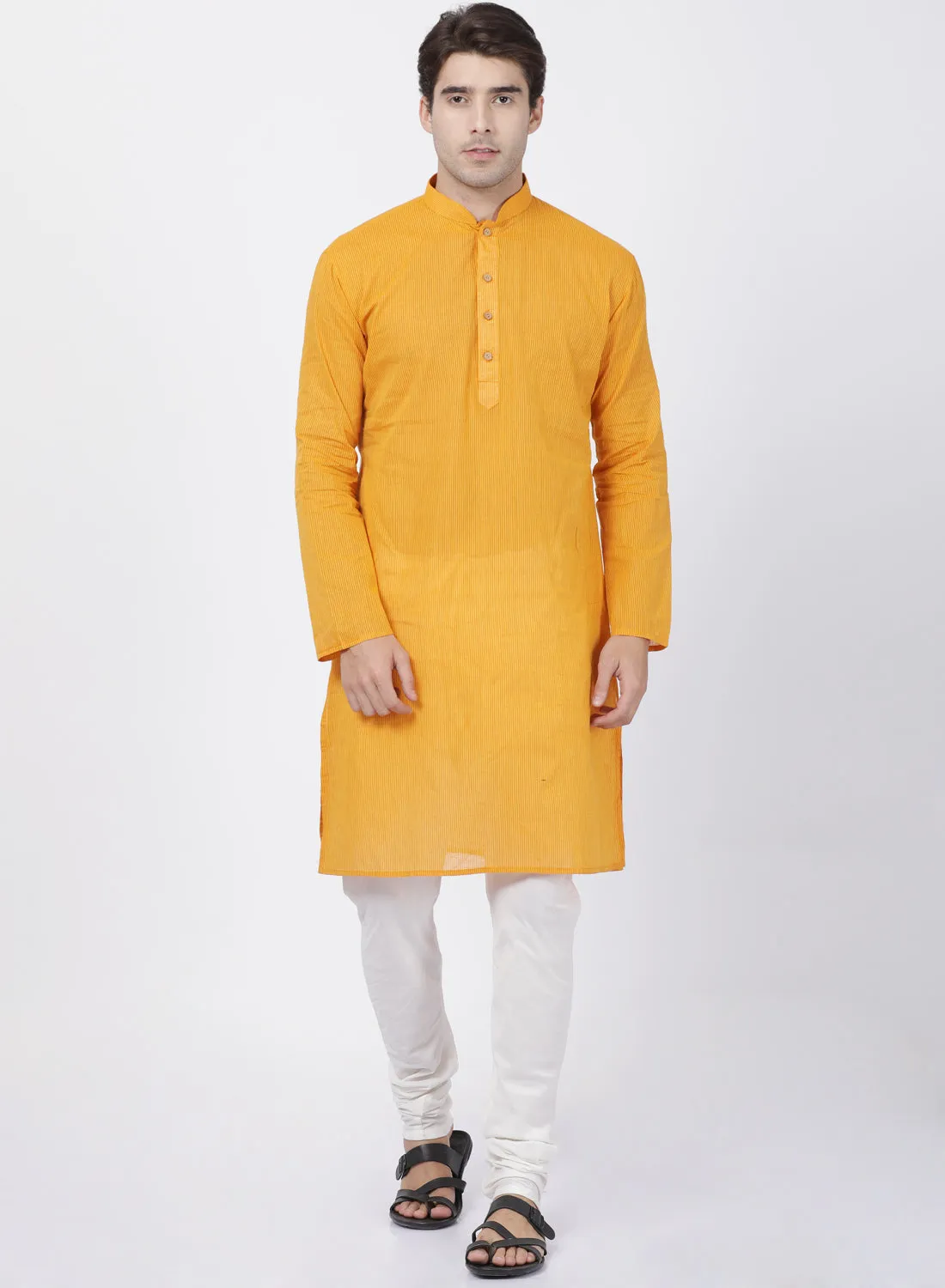 Jashvi Men's Yellow Cotton Handloom Kurta With Pyjama Set