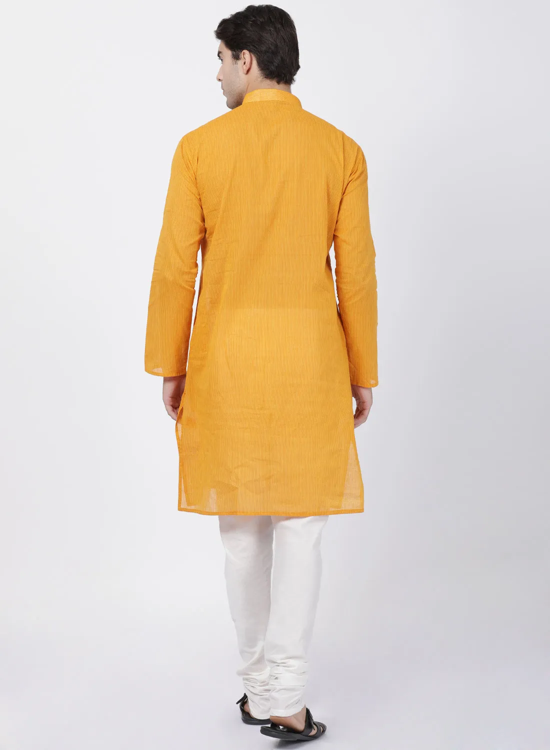 Jashvi Men's Yellow Cotton Handloom Kurta With Pyjama Set