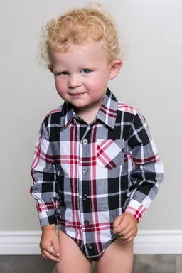 Littlest Prince Long Sleeve Dress Shirt Bodysuit Ebony Plaid