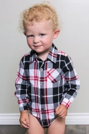 Littlest Prince Long Sleeve Dress Shirt Bodysuit Ebony Plaid