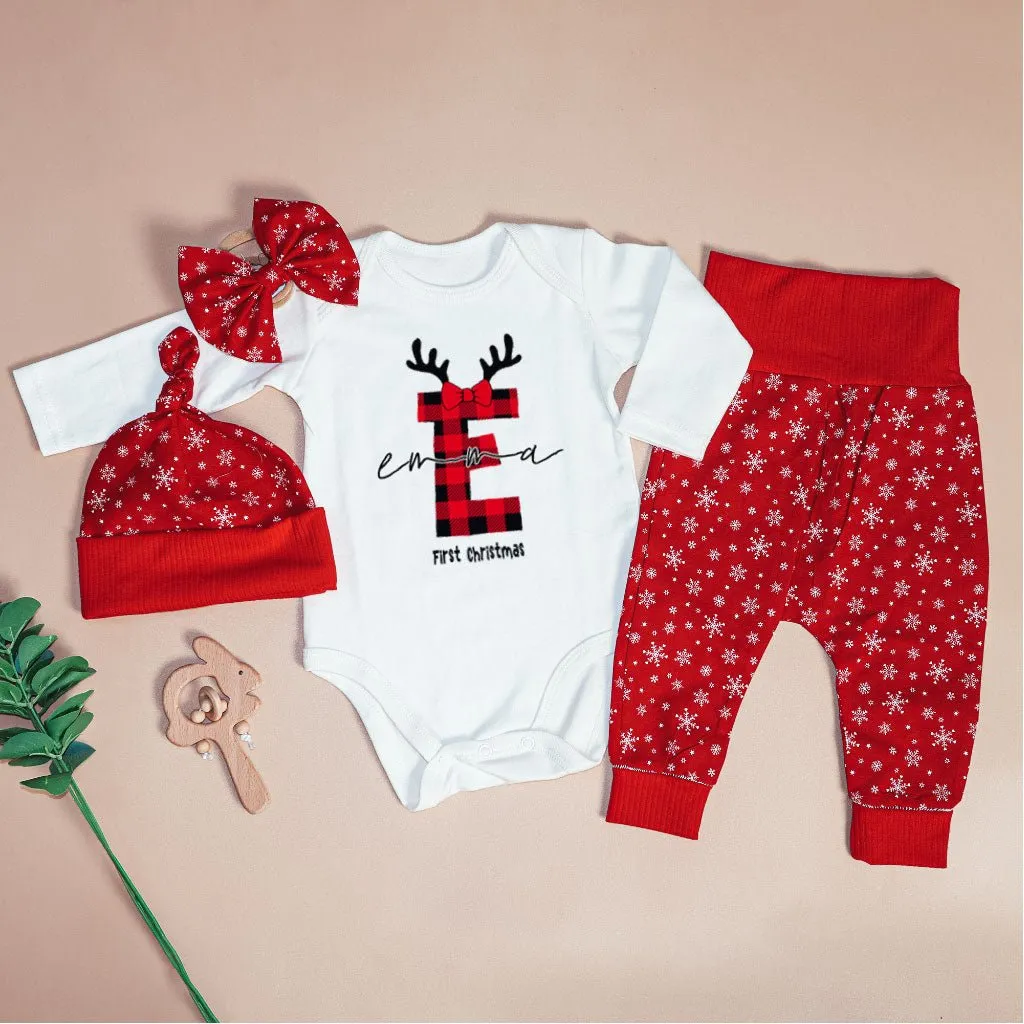 Personalized Christmas Baby Girl Onesies and Long Pants Set | Custom Infant Onesie Monogram Buffalo Plaid Baby Name | Newborn Christmas Onesie