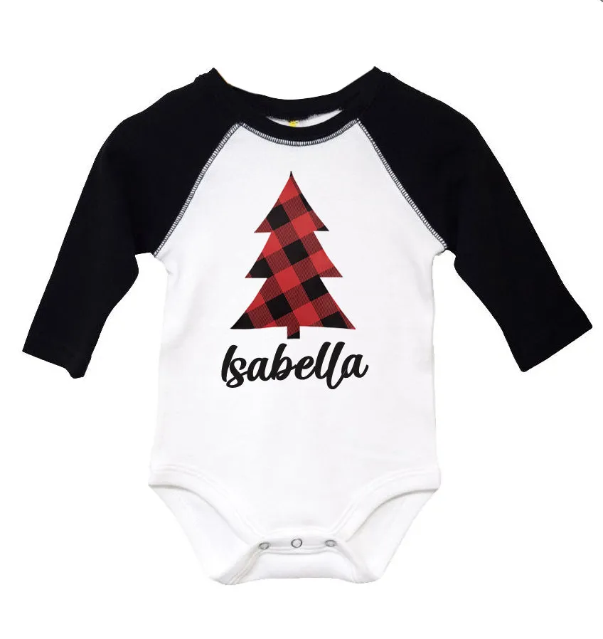 Personalized Plaid Christmas Tree Long Sleeve Raglan Onesie