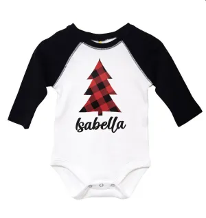 Personalized Plaid Christmas Tree Long Sleeve Raglan Onesie