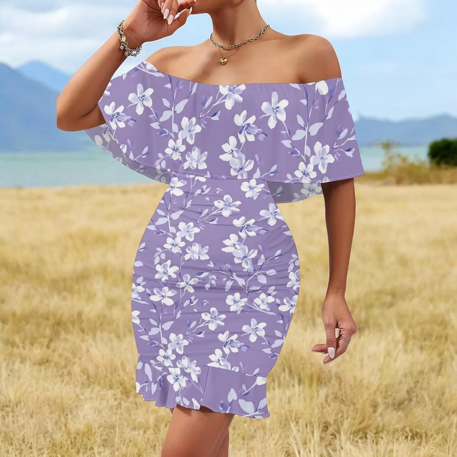 PinkPatty Summer Mini Dress for Women Off Shoulder Ruffled Bodycon Dresses Short Beach Sundress