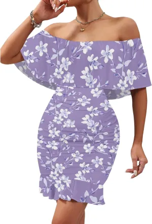 PinkPatty Summer Mini Dress for Women Off Shoulder Ruffled Bodycon Dresses Short Beach Sundress