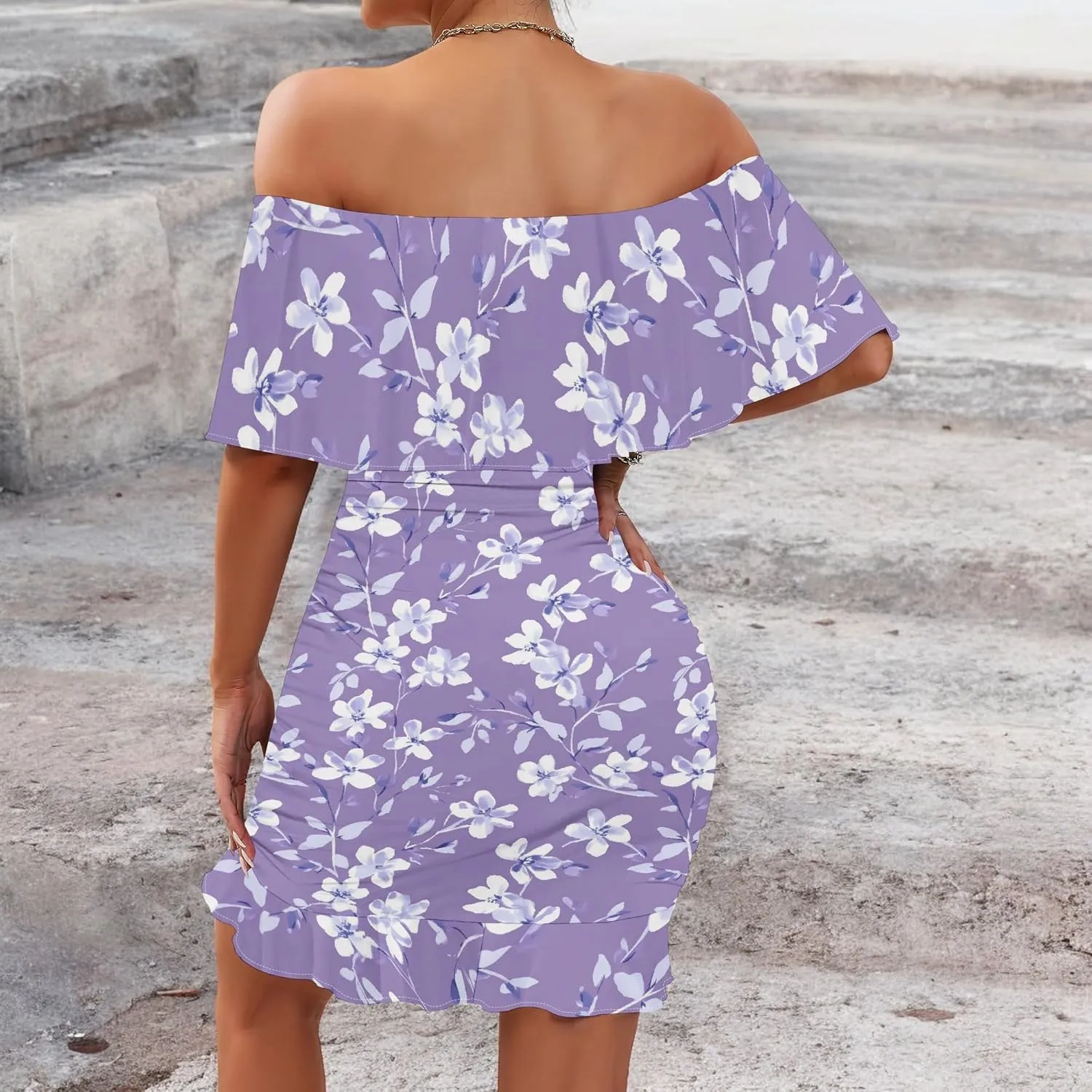 PinkPatty Summer Mini Dress for Women Off Shoulder Ruffled Bodycon Dresses Short Beach Sundress