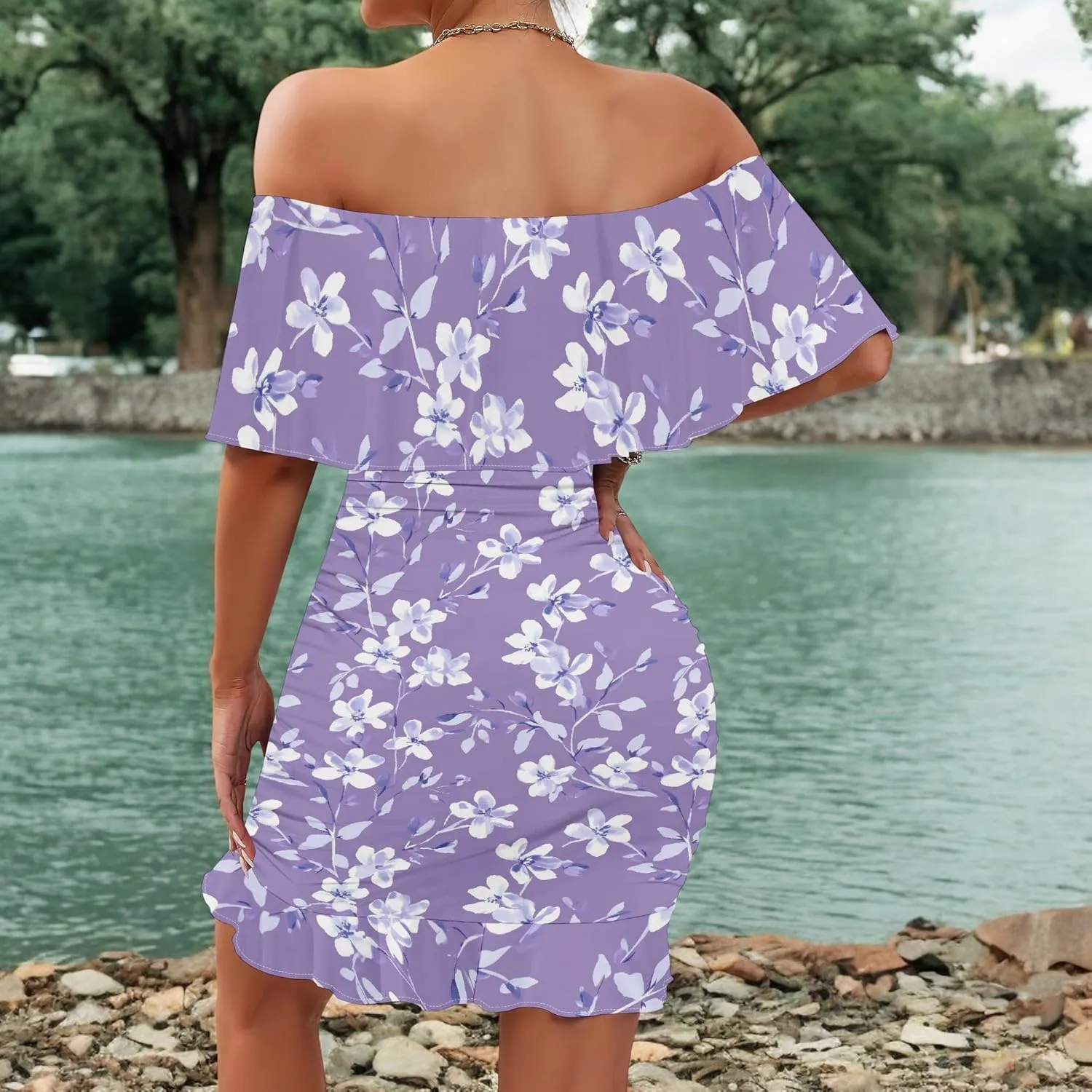 PinkPatty Summer Mini Dress for Women Off Shoulder Ruffled Bodycon Dresses Short Beach Sundress
