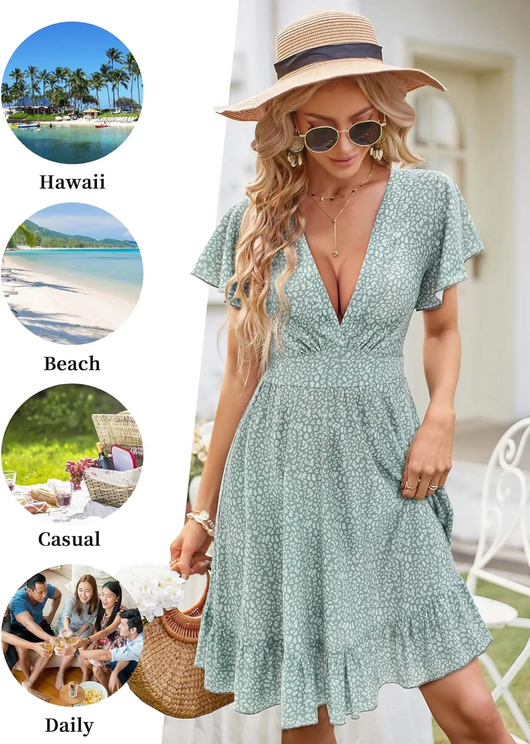 TORARY Womens Summer Dresses 2025 Floral Cap Sleeve Wrap V Neck Ruffle A-Line Sun Dress
