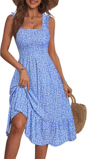 ZABERRY Womens Summer Midi Dress 2025 Elastic Straps Square Neck Cute Floral Flowy A-line Sundresses for Women