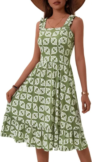 ZABERRY Womens Summer Midi Dress 2025 Elastic Straps Square Neck Cute Floral Flowy A-line Sundresses for Women