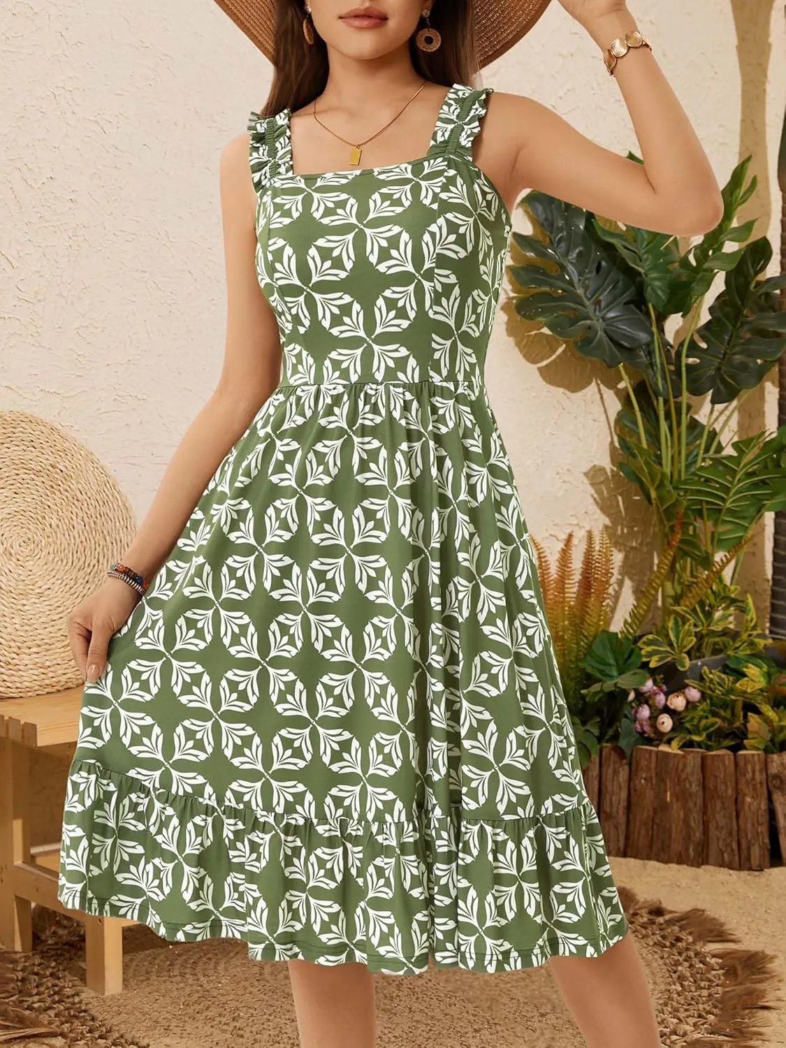 ZABERRY Womens Summer Midi Dress 2025 Elastic Straps Square Neck Cute Floral Flowy A-line Sundresses for Women