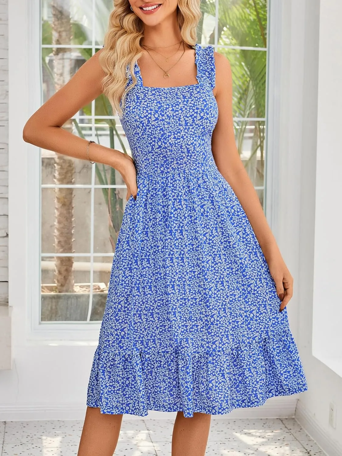 ZABERRY Womens Summer Midi Dress 2025 Elastic Straps Square Neck Cute Floral Flowy A-line Sundresses for Women