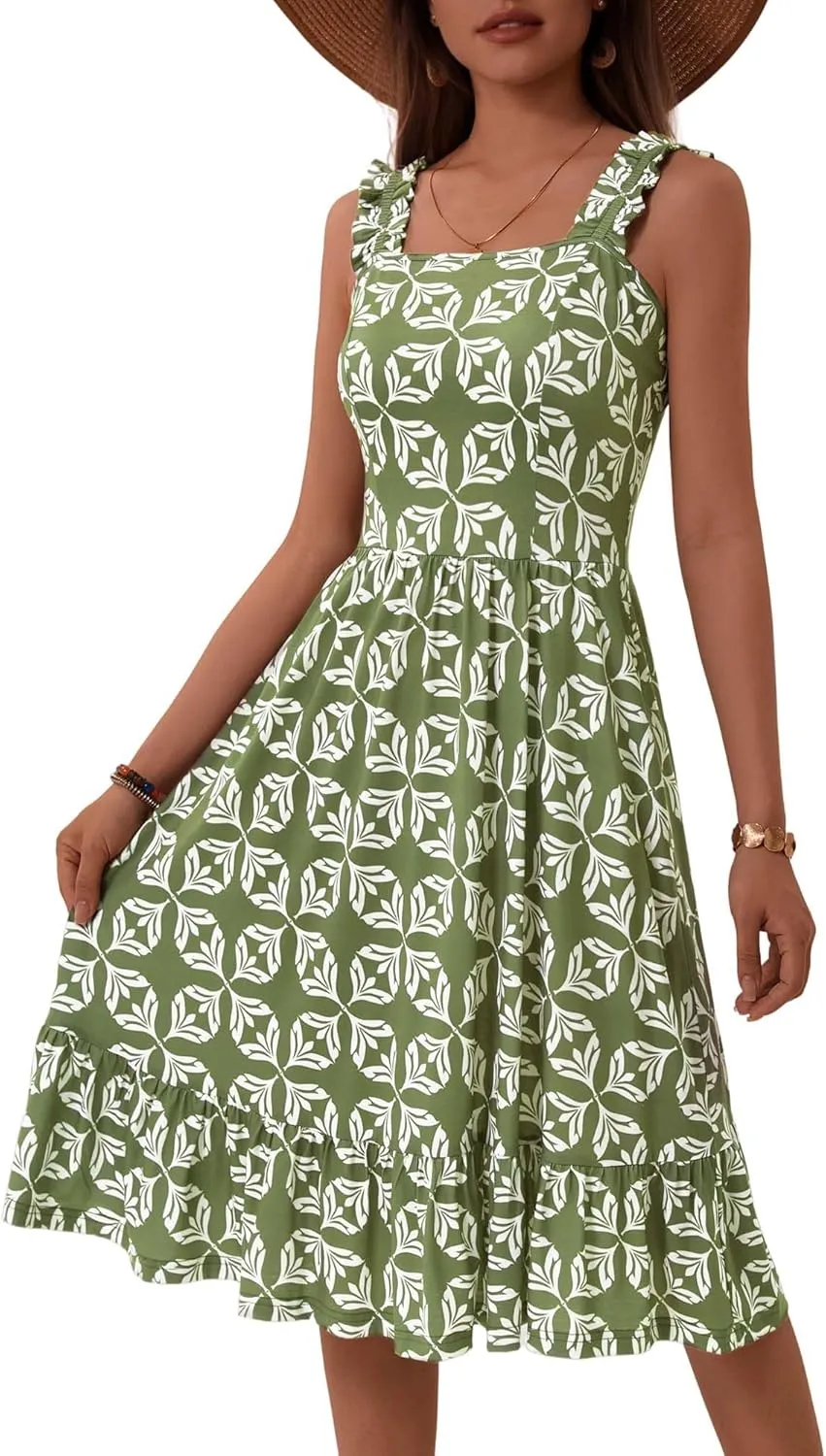 ZABERRY Womens Summer Midi Dress 2025 Elastic Straps Square Neck Cute Floral Flowy A-line Sundresses for Women
