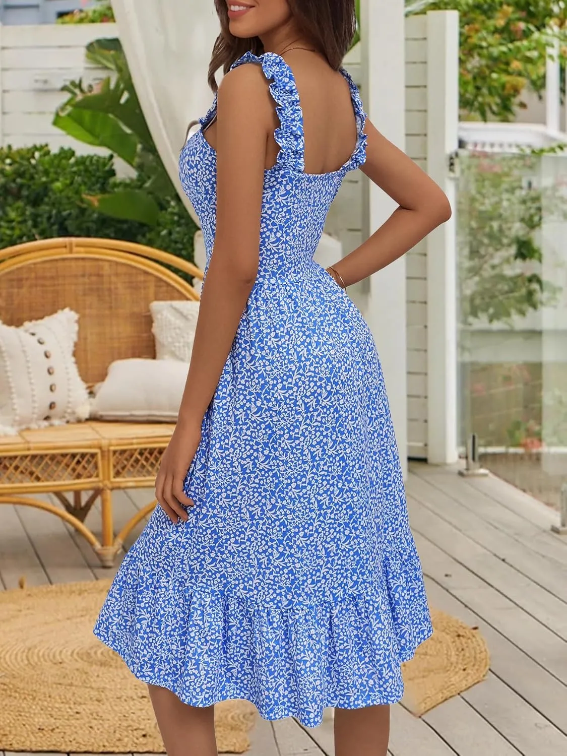 ZABERRY Womens Summer Midi Dress 2025 Elastic Straps Square Neck Cute Floral Flowy A-line Sundresses for Women