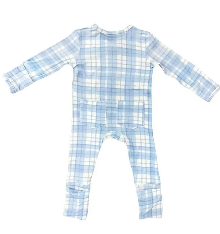 Zipper Footies - Baby Blue Plaid